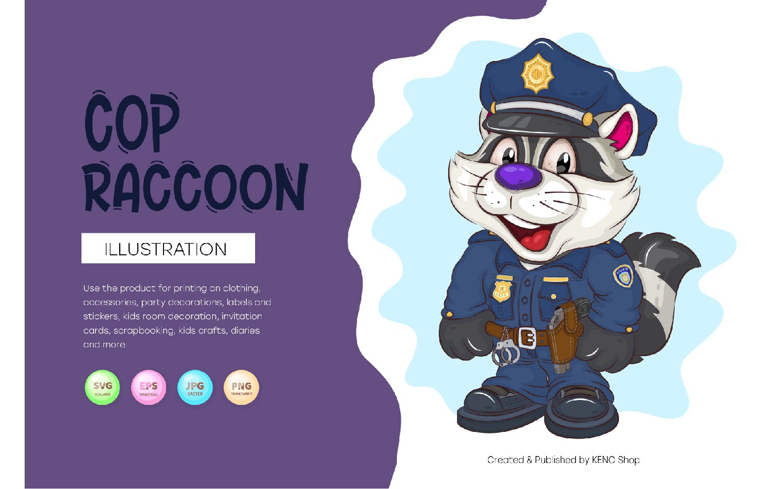 Cartoon Raccoon Cop. T-Shirt, PNG, SVG.