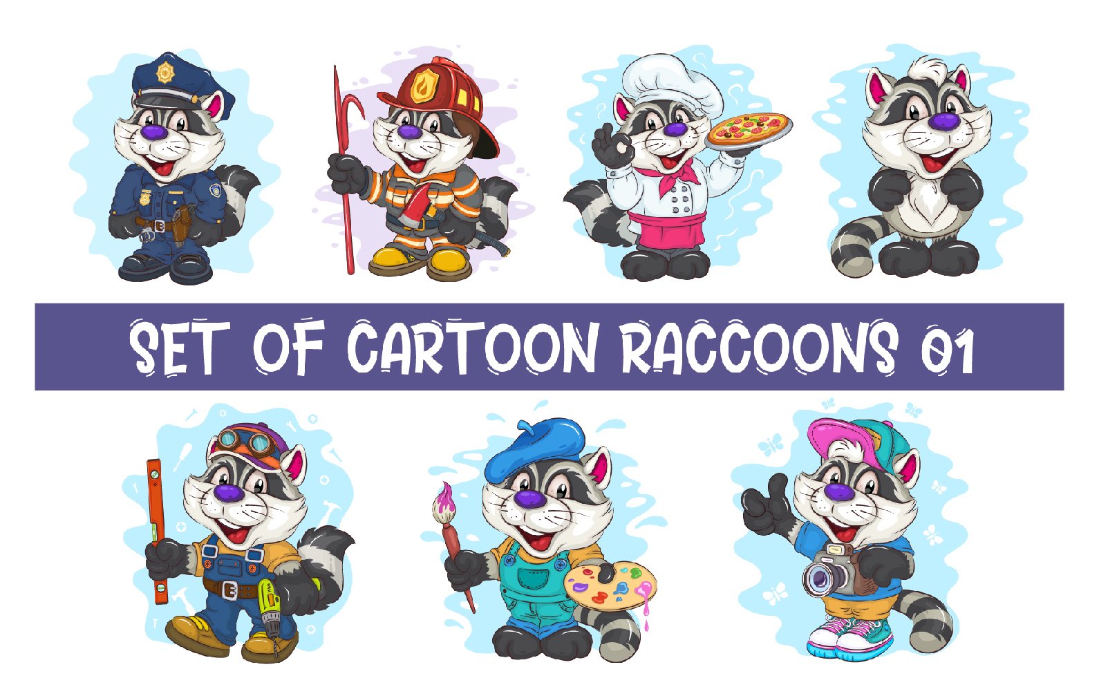 Set of Cartoon Raccoons 01. T-Shirt.