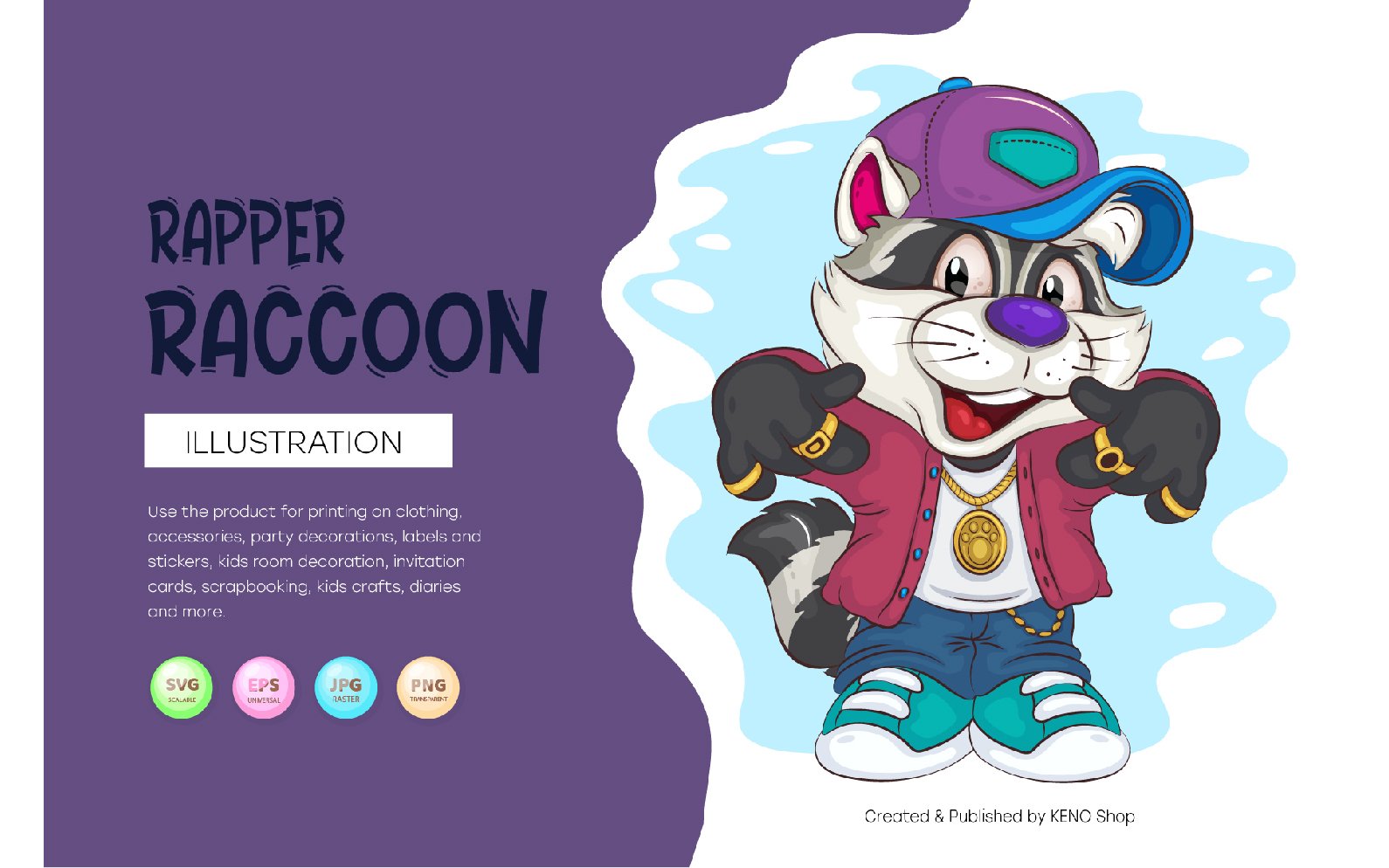 Cartoon Raccoon Hip-hop Rapper. T-Shirt, PNG, SVG.