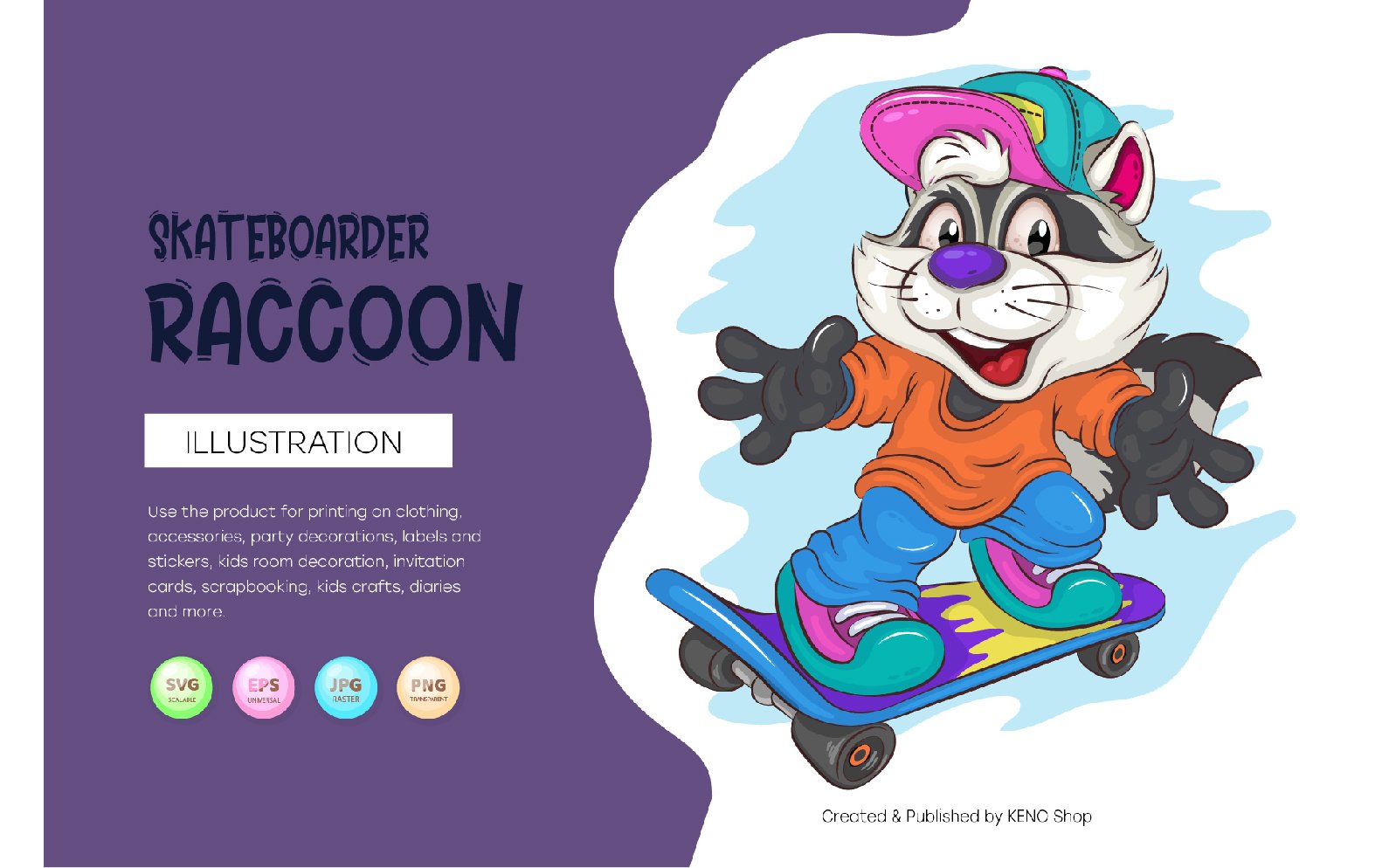 Cute Cartoon Raccoon on a skateboard. T-Shirt, PNG, SVG.