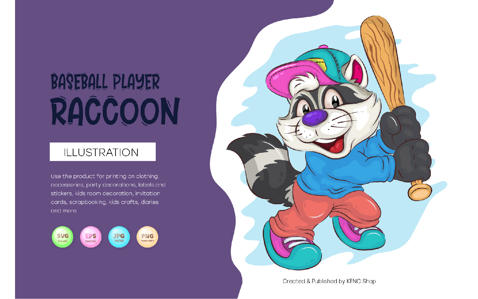 Cartoon Baseball Player Raccoon. T-Shirt, PNG, SVG.