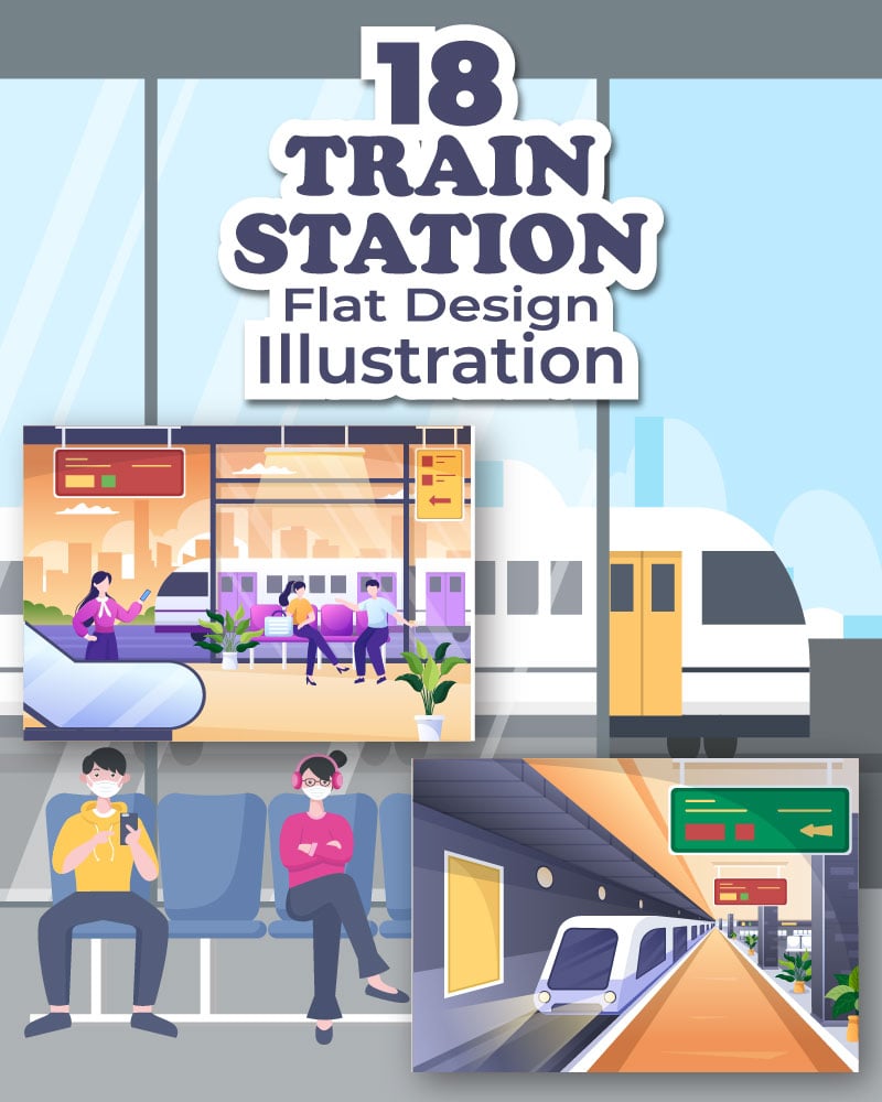 18 Train Station Flat Design Illustration