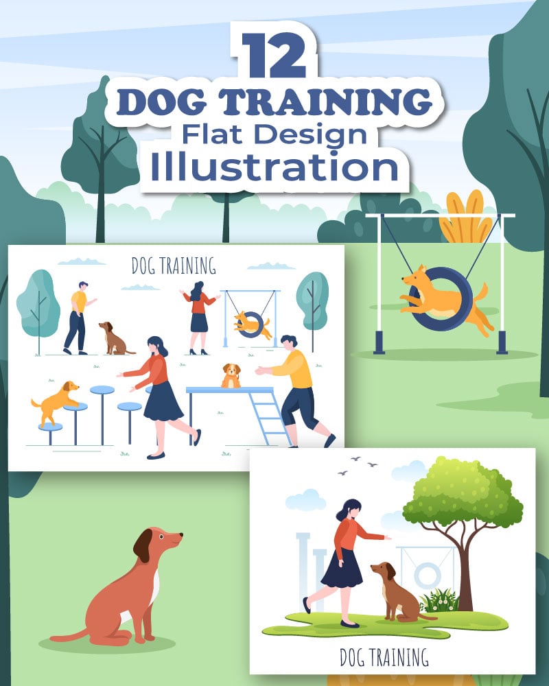 12 Dogs Training Center Flat Design Illustration