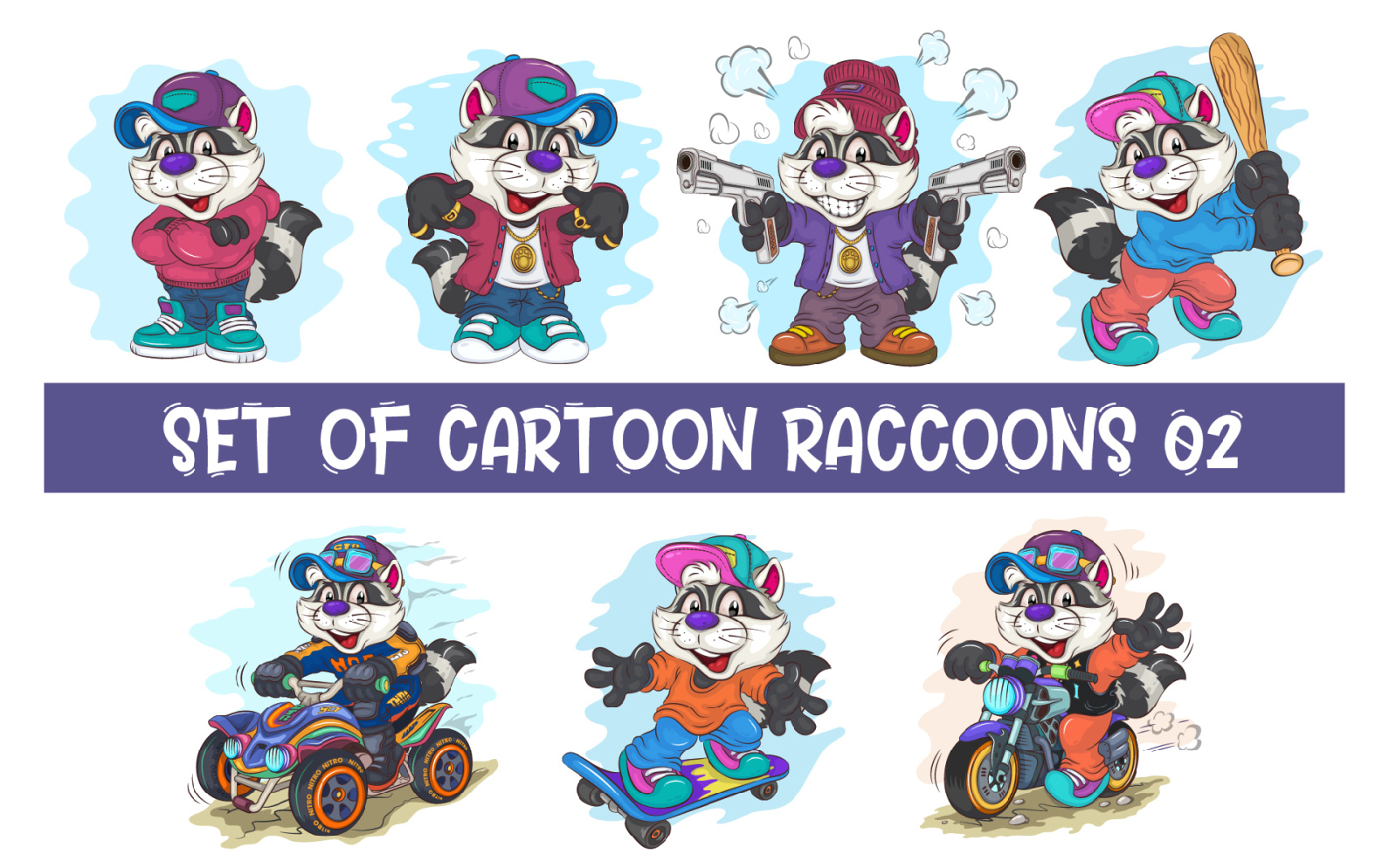 Set of Cartoon Raccoons 02. T-Shirt.