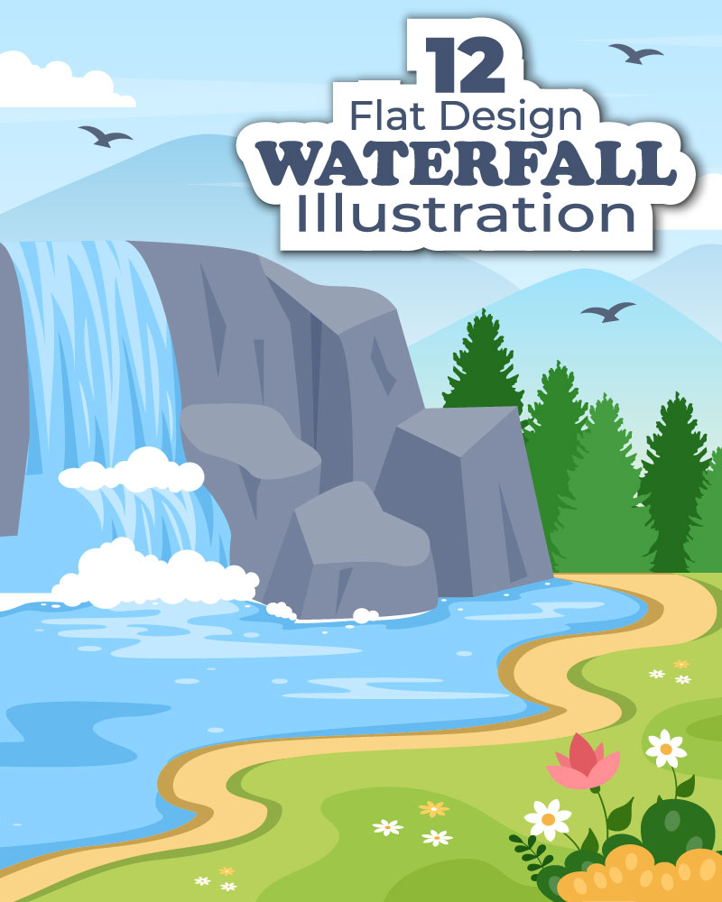 12 Waterfall Landscape Flat Design Illustration