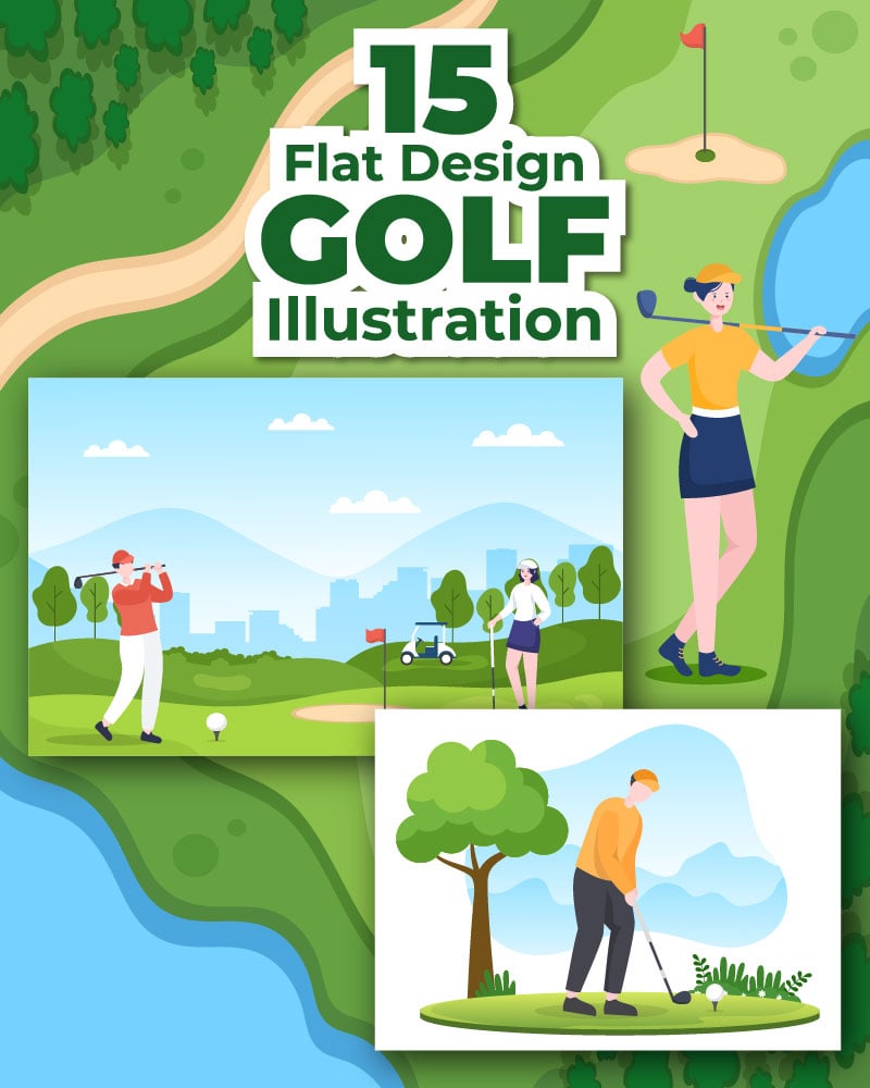 15 Playing Golf Sport Flat Illustration