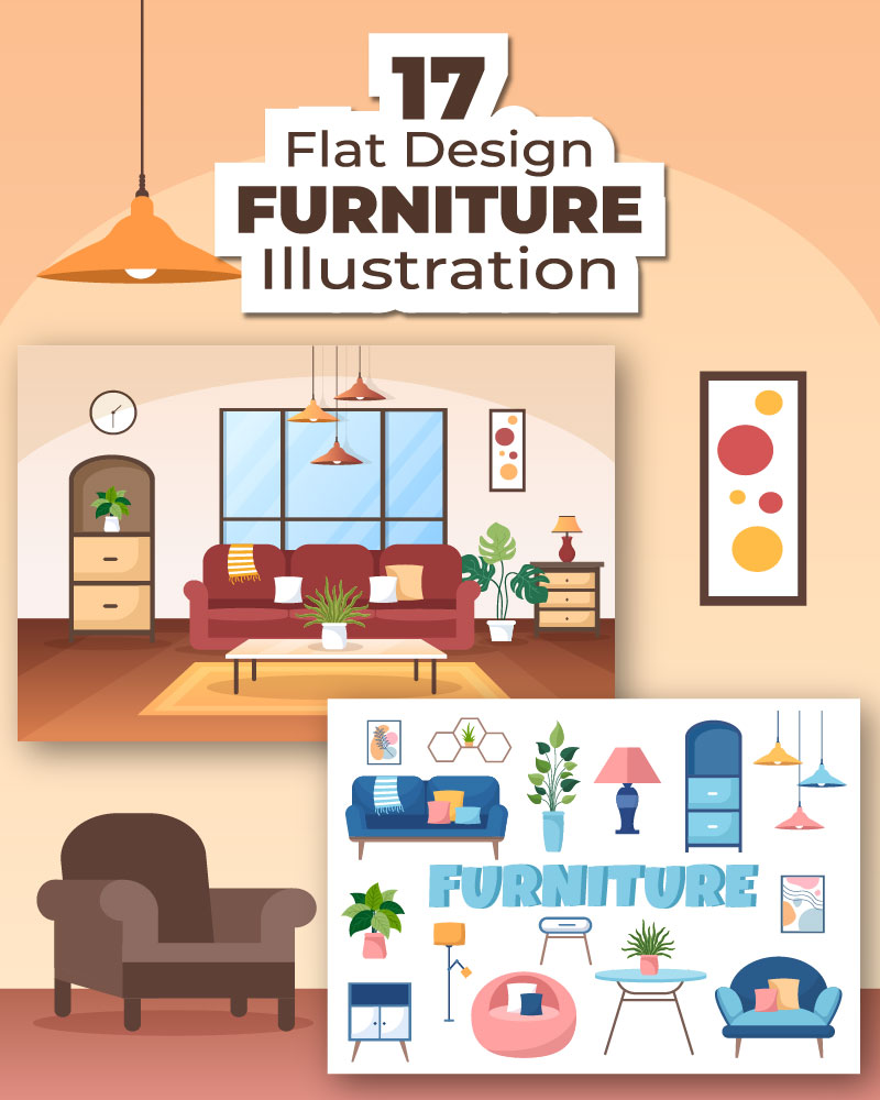 17 Home Furniture Flat Design Illustration