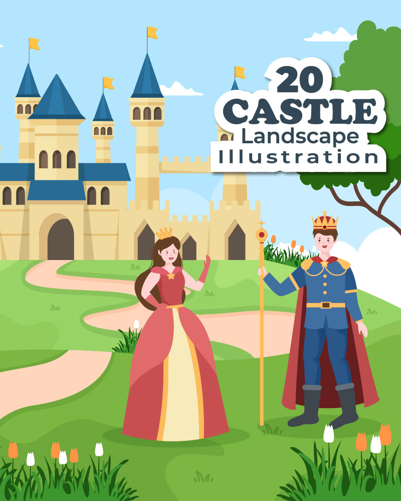 20 Castle with Prince and Queen Cartoon Illustration