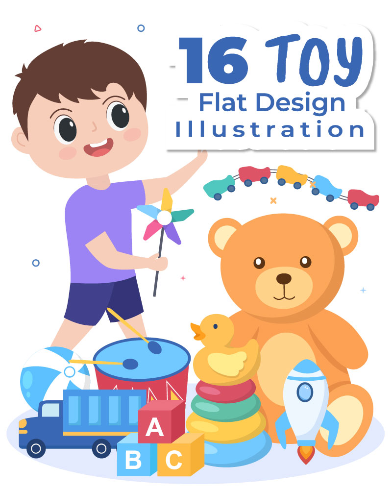 16 Kids Toys in Kindergarten Cartoon Illustration