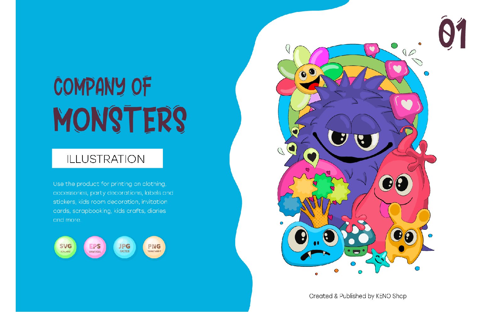 Cheerful company of monsters 01. T-Shirt, PNG, SVG.