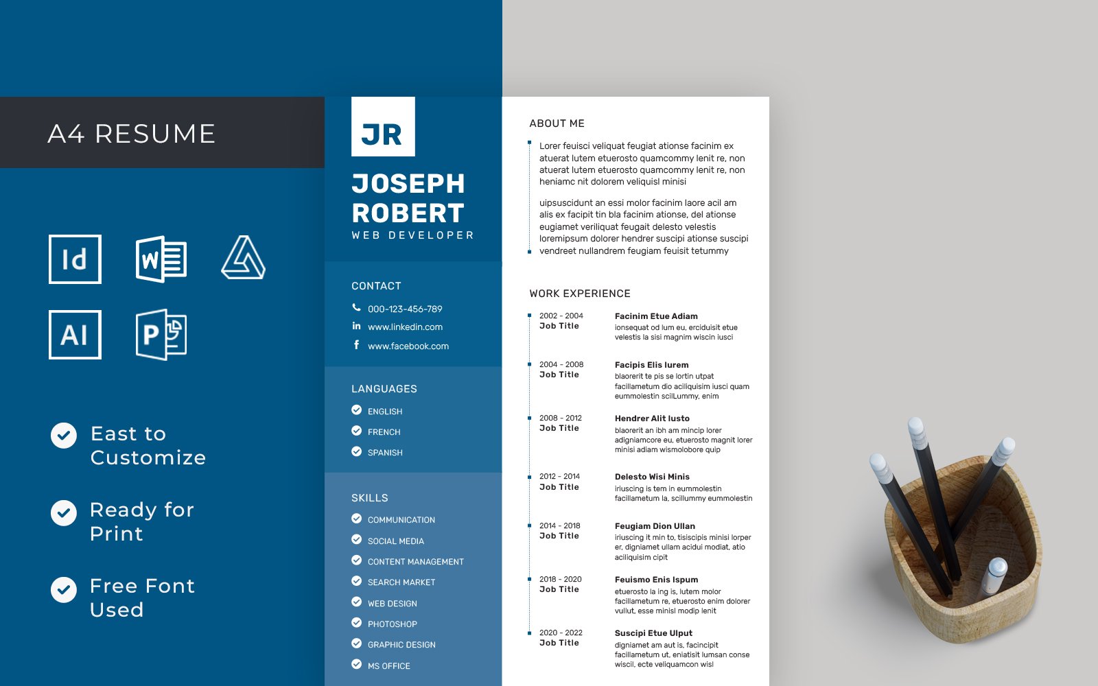 Professional Resume Template InDesign, Word, Affinity Publisher