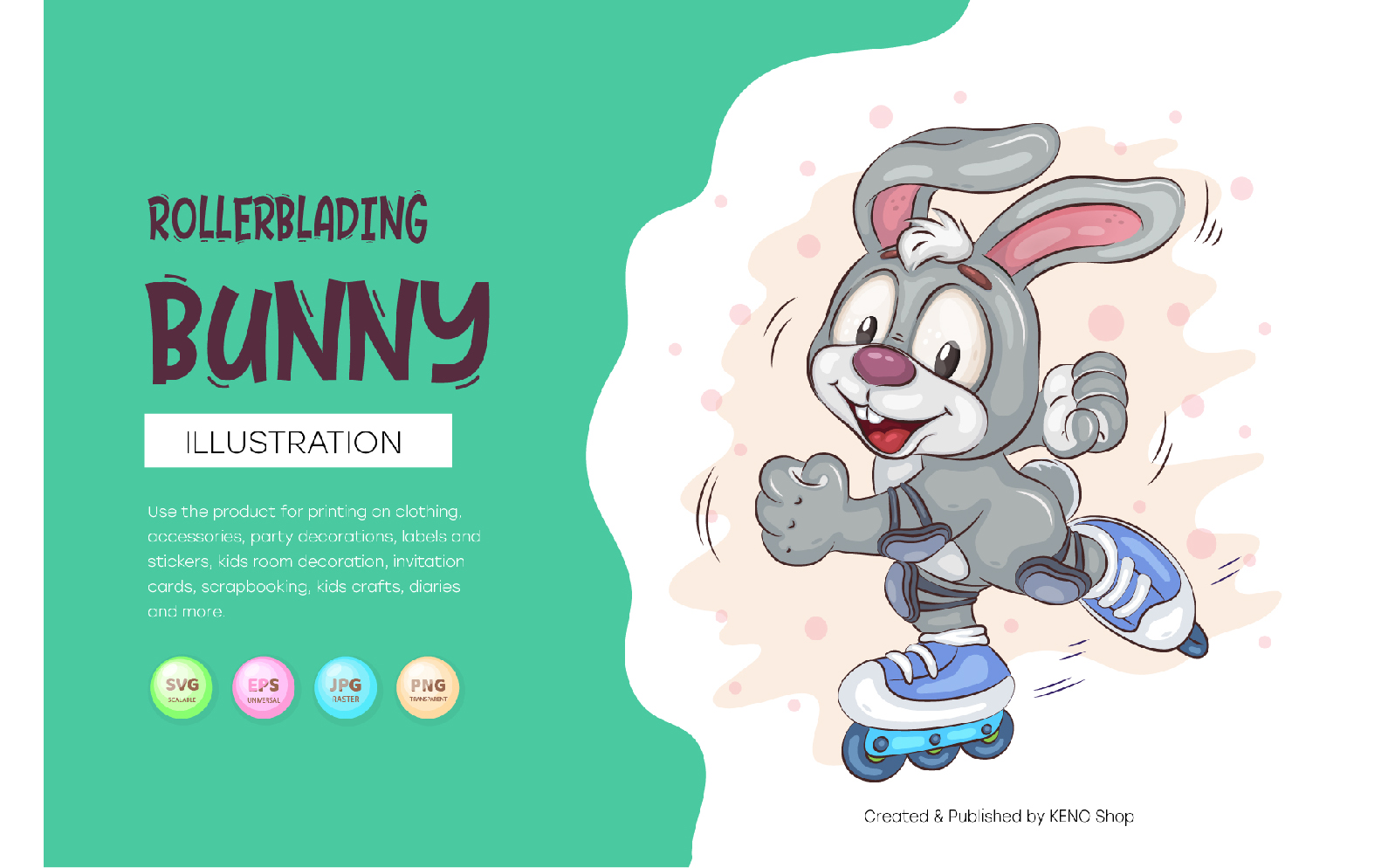 Cartoon Bunny Rollerblading. T-Shirt, PNG, SVG.
