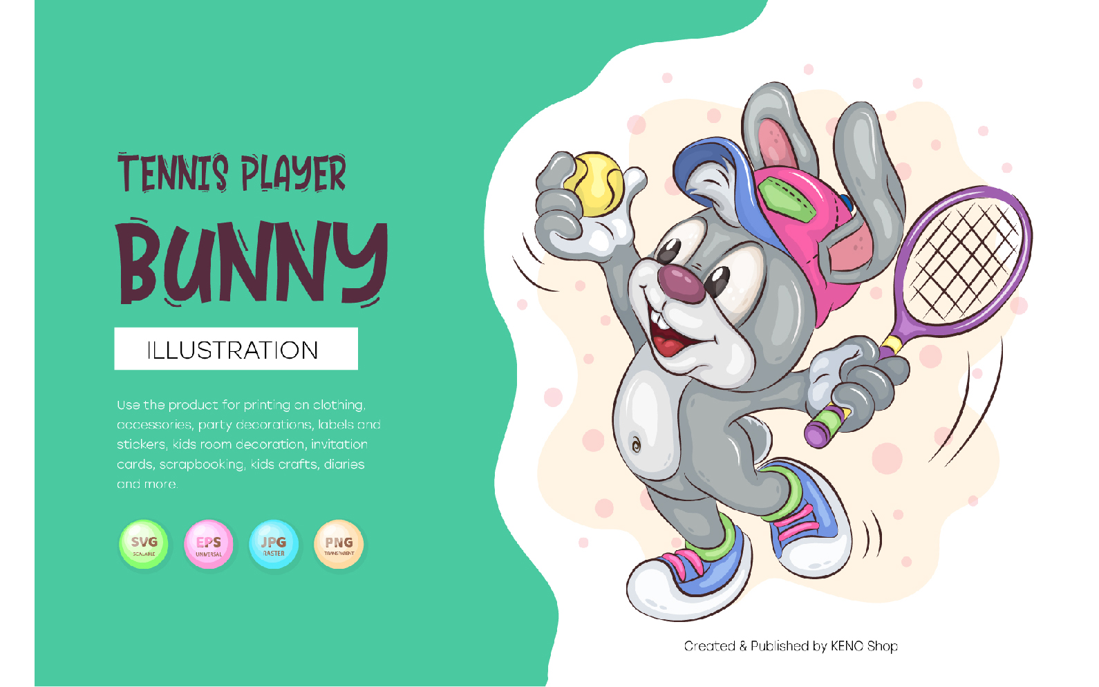 Cartoon Bunny Tennis Player. T-Shirt, PNG, SVG.