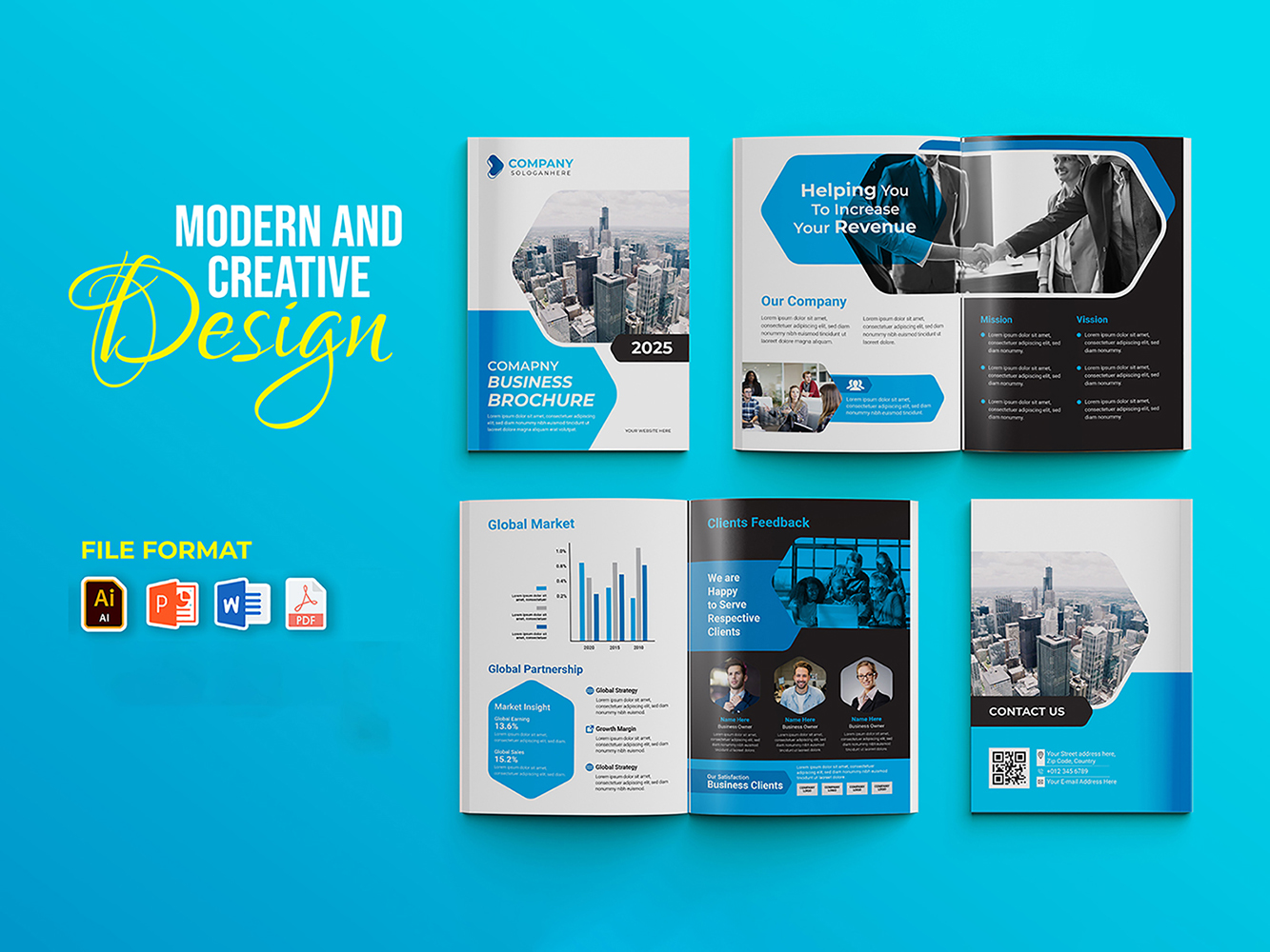 Modern Business Brochure Template - Blue and White Theme - Geometric Design