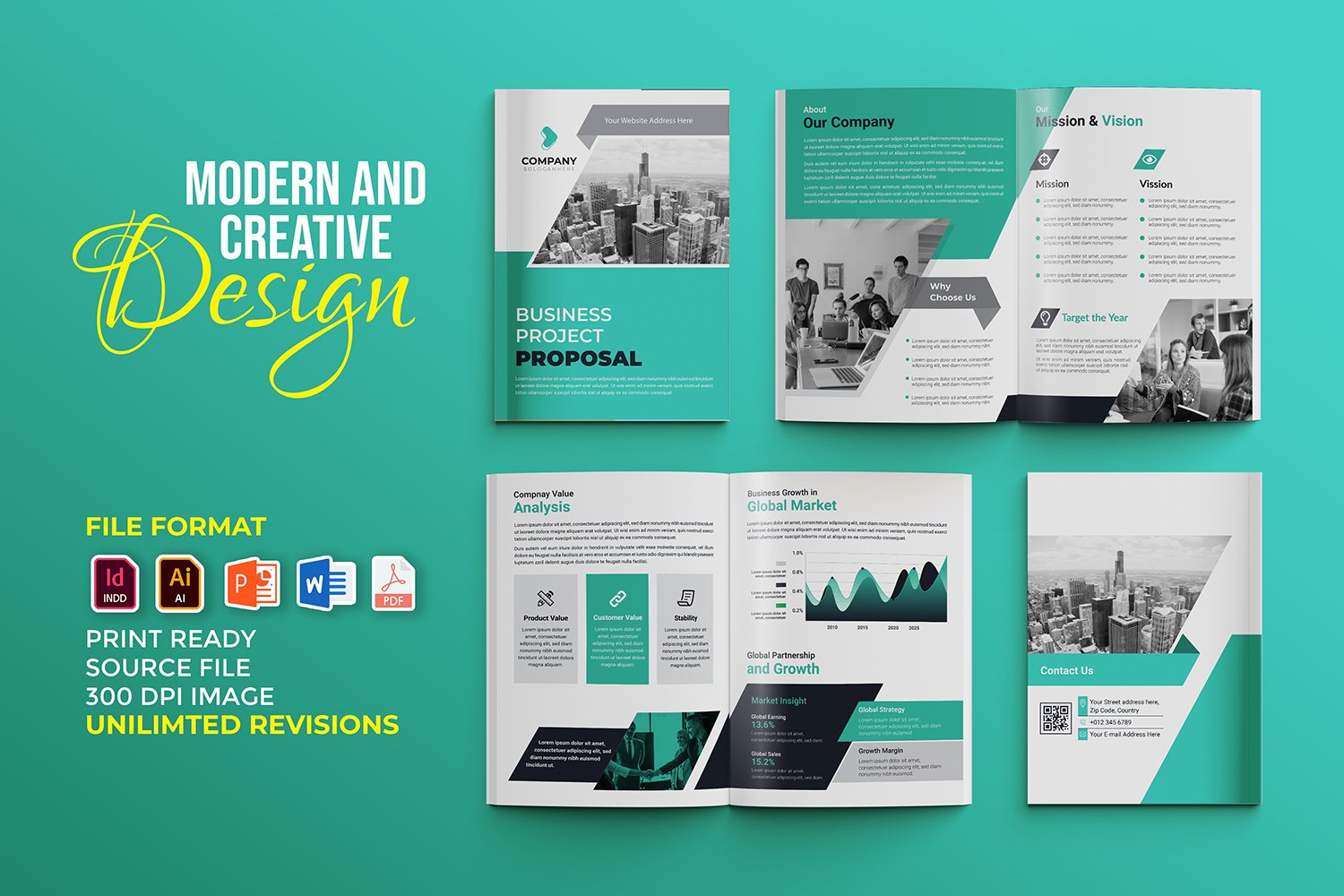 Modern Business Proposal Template - Green and White Diagonal Designs