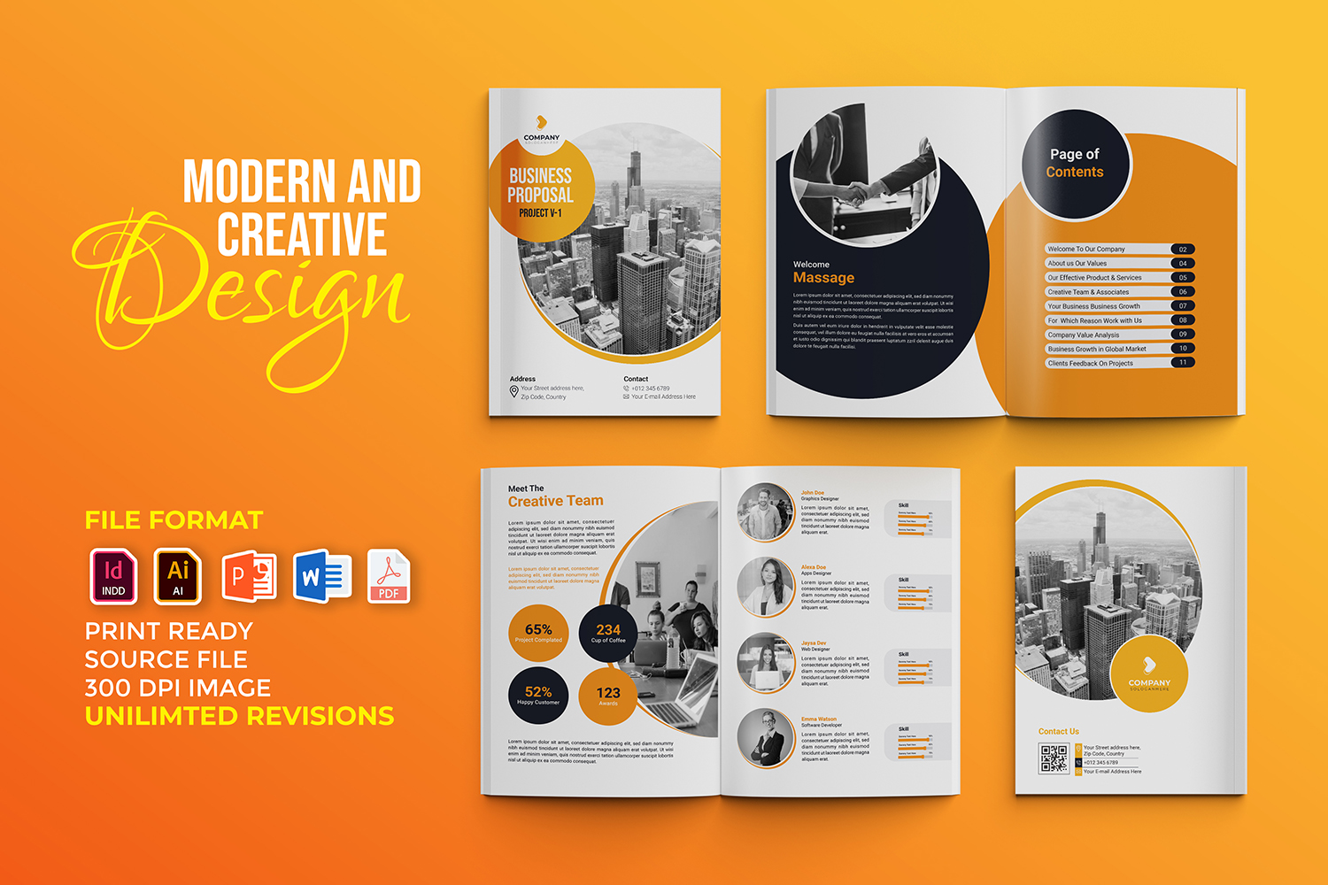 Modern and Creative Business Proposal Template - Circle Design - Orange, Black and White Color Theme