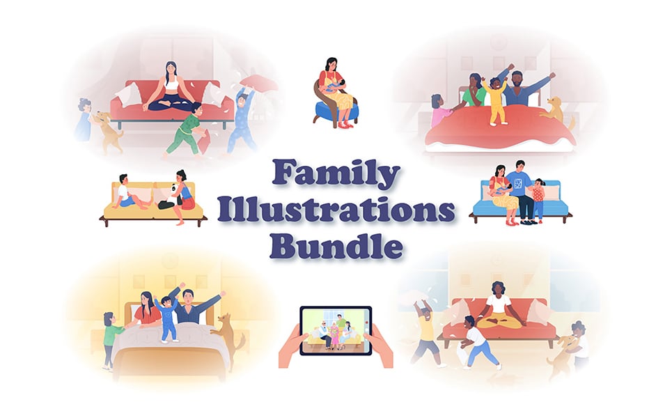 Family Flat Color Vector Illustrations Bundle