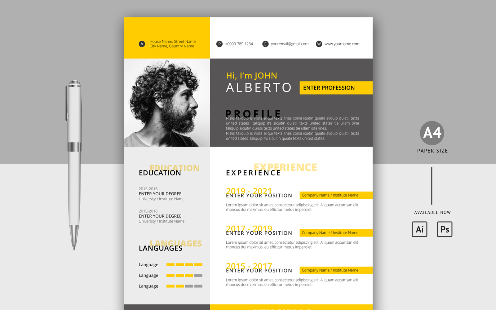 John Alberto - Black and Yellow Color Typography Printable Resume Template