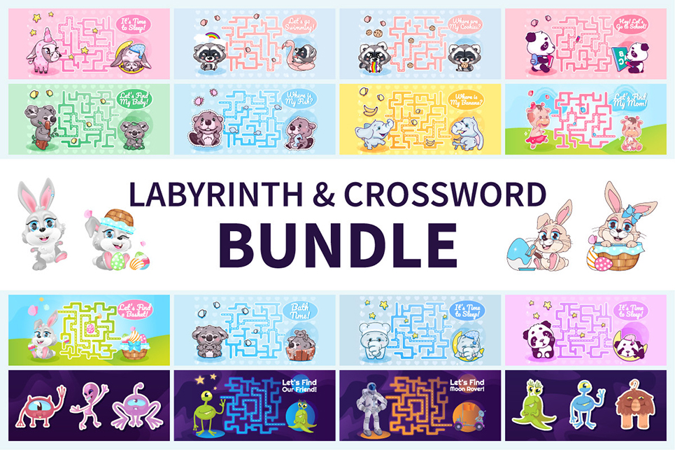 Labyrinth And Crossword Illustration Bundle