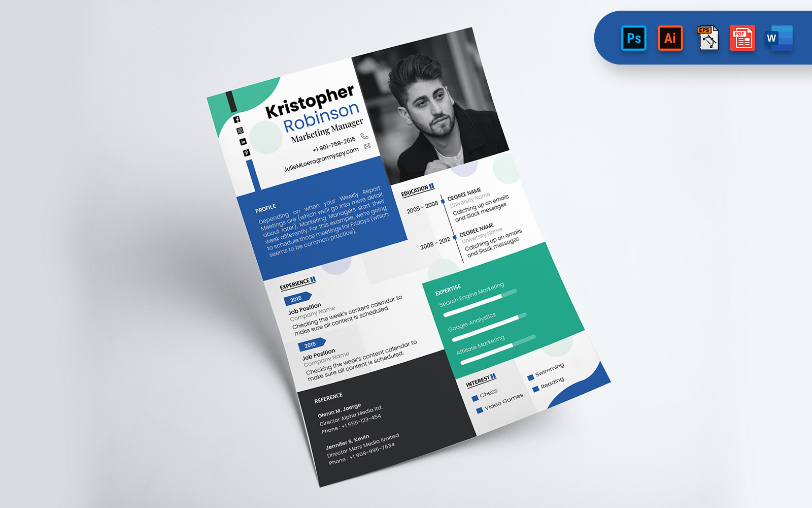 Marketing Manager CV Resume A4 Printable Template