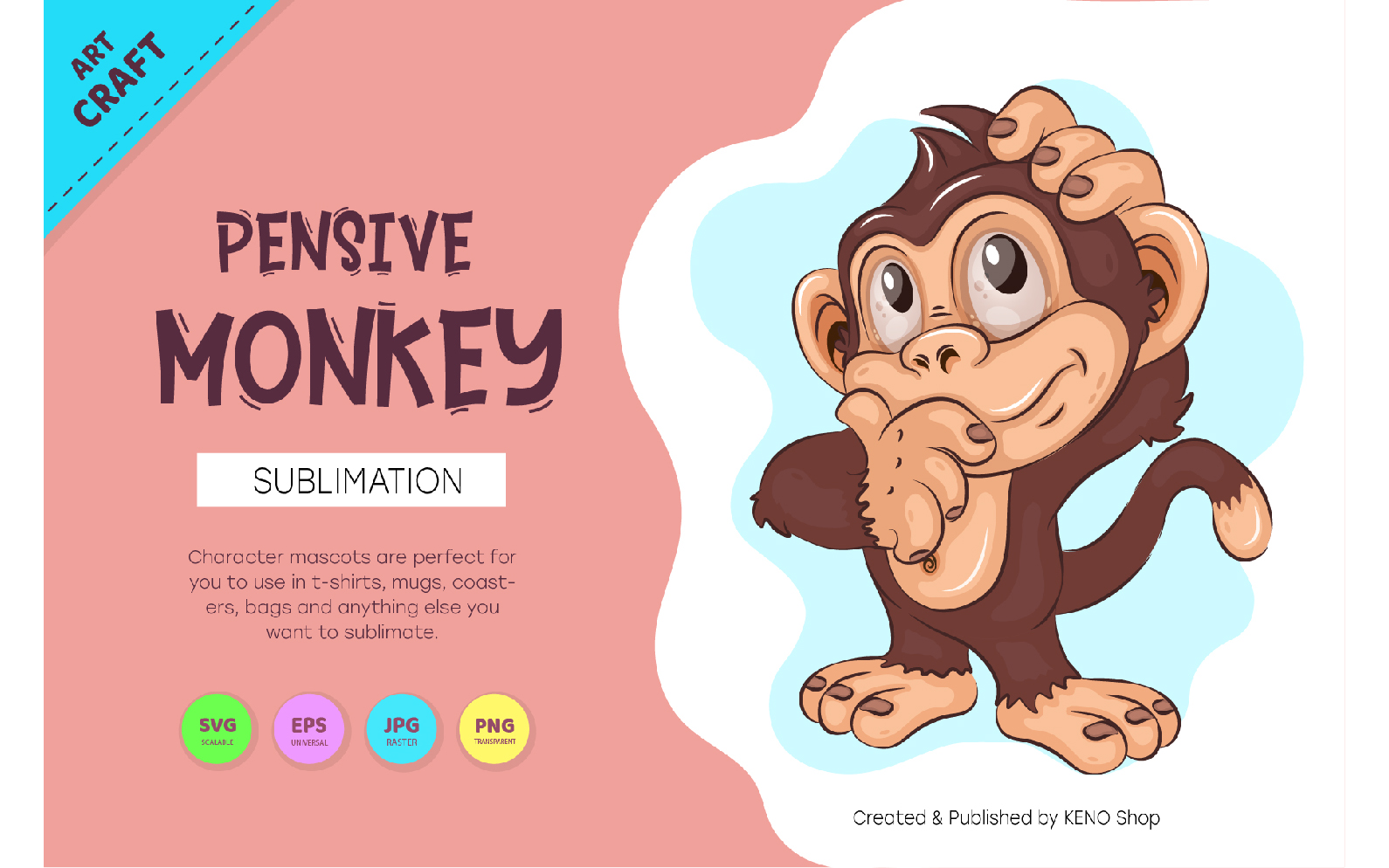 Pensive Cartoon Monkey. Crafting, Sublimation. Vector