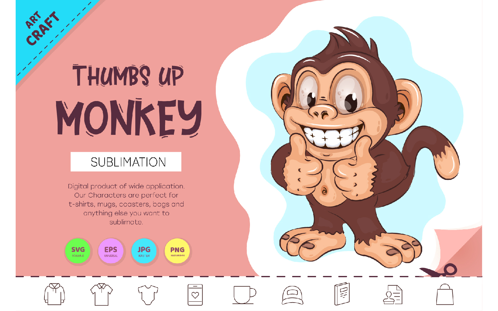 Thumbs up Monkey Cartoon. Crafting, Sublimation.