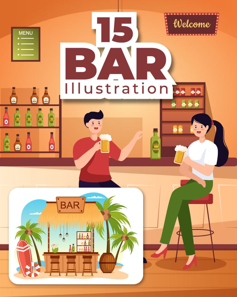 15 Bar or Pub Cartoon Illustration