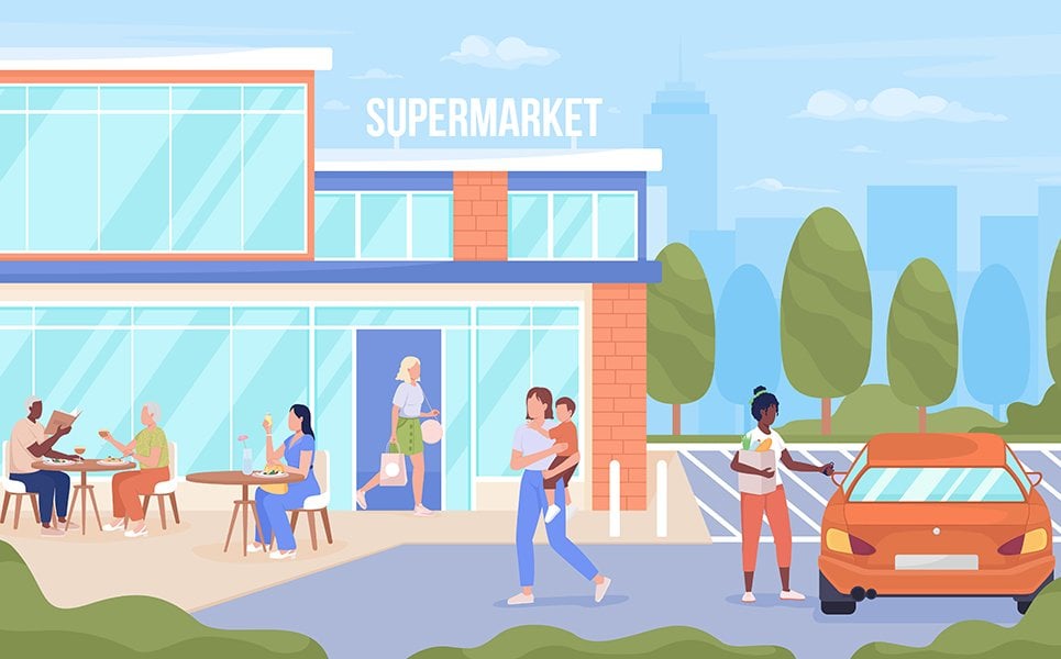 People visiting urban supermarket illustration