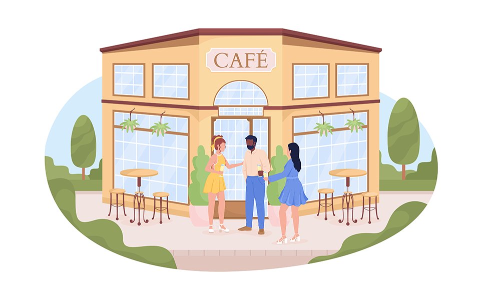 Friends near cafe building on street illustration