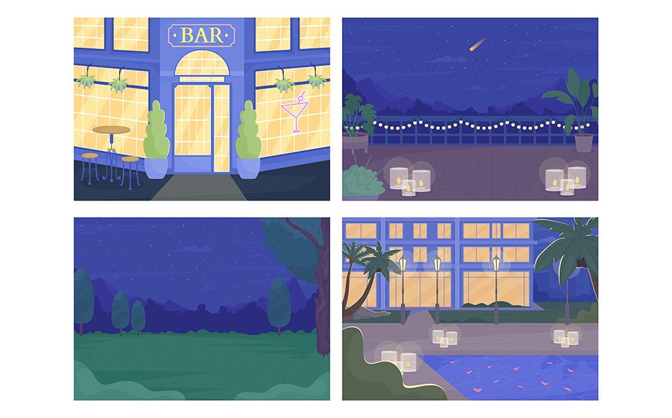 Nighttime scenes illustrations set