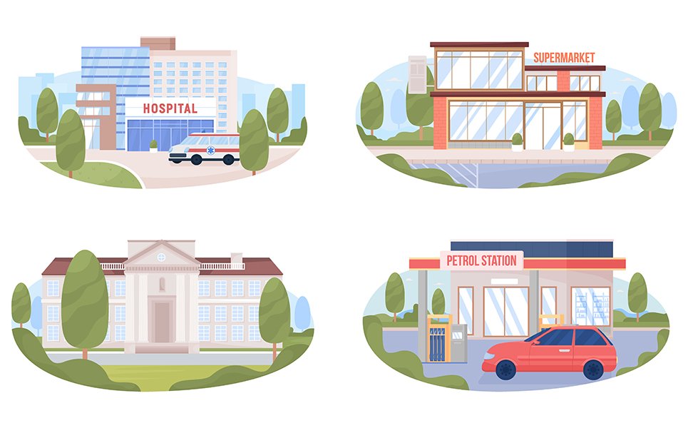Town infrastructure illustrations set