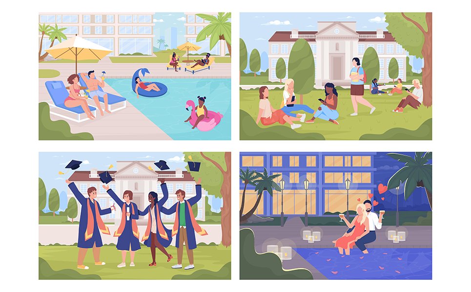 Public and private places in city illustrations set