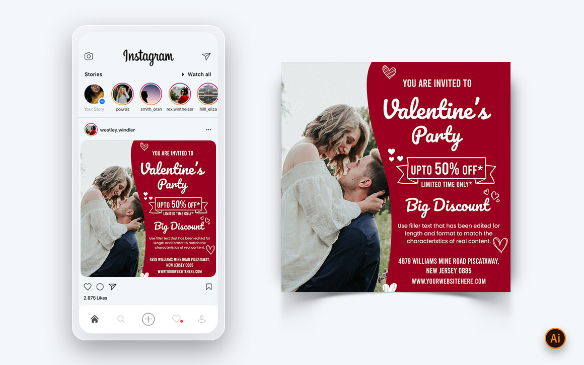 Valentines Day Party Social Media Instagram Post Design Template-11