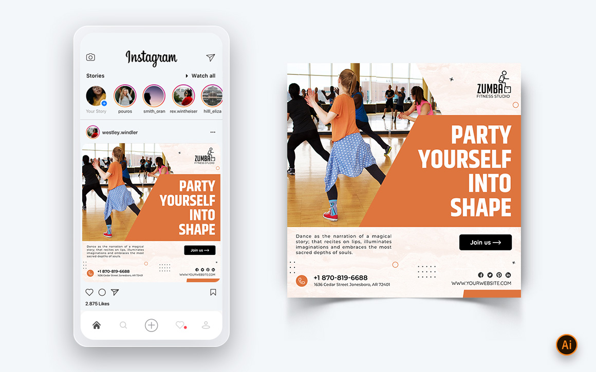 Zumba Dance Studio Social Media Instagram Post Design Template-15