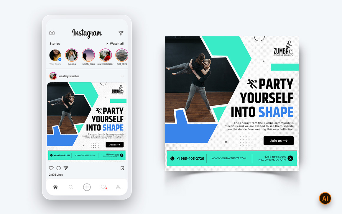 Zumba Dance Studio Social Media Instagram Post Design Template-16