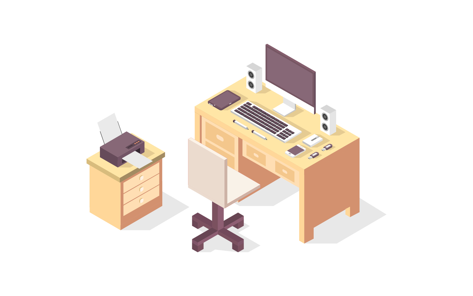 Isometric office desk  in vector on background