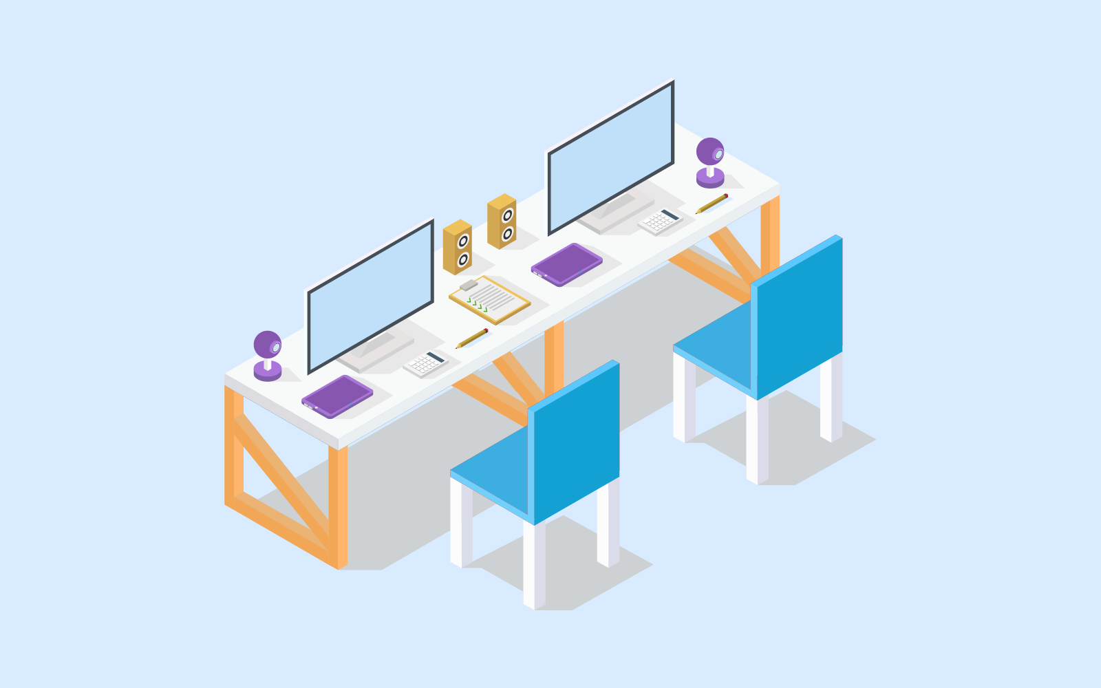 Isometric office desk illustrated in vector on a white  background