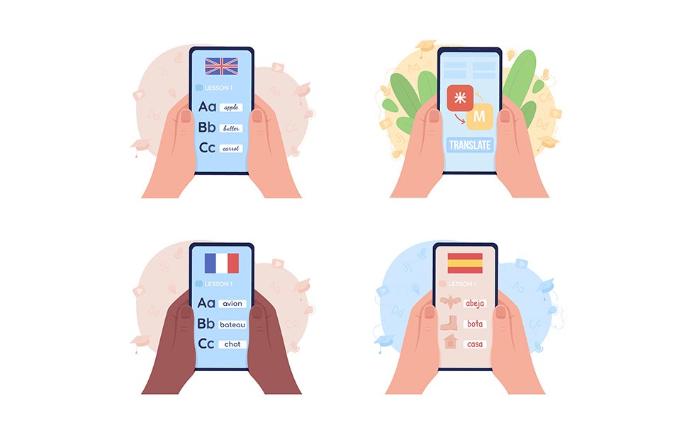 Mobile app for learning languages illustration set