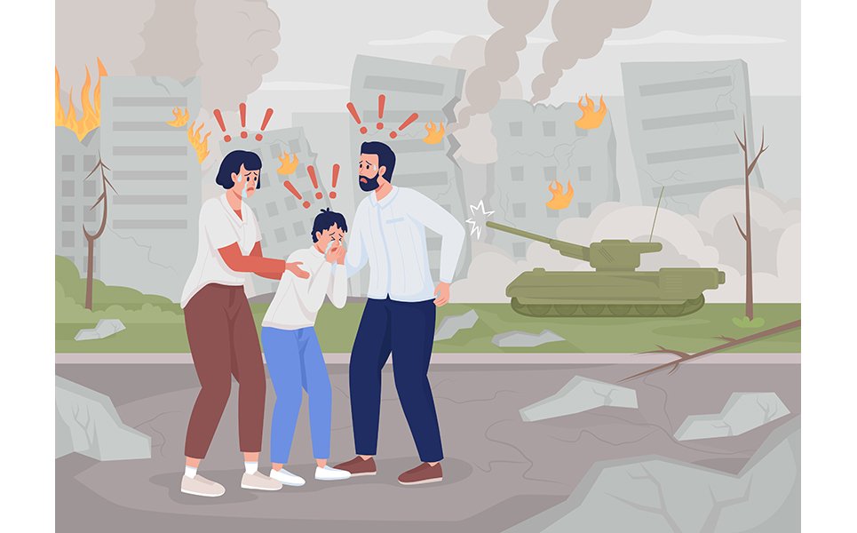 Terrified family in destroyed city vector illustration