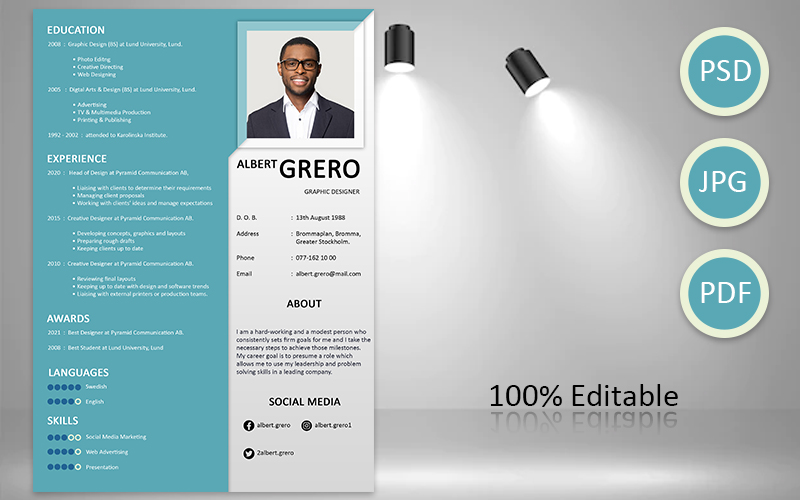 Blue Gray Professional Modern Resume Template for Graphic Designer