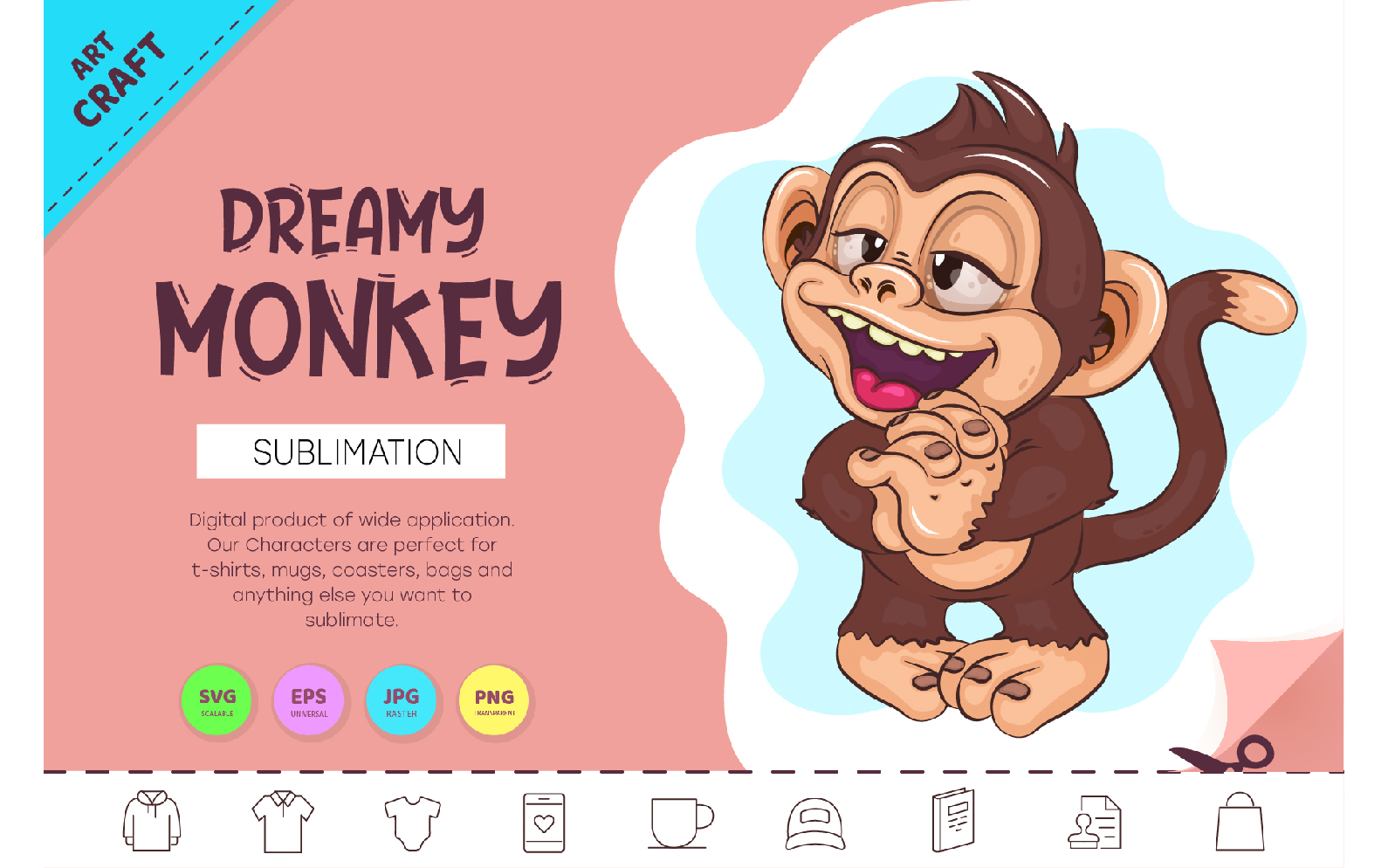 Dreamy Cartoon Monkey. Crafting, Sublimation.