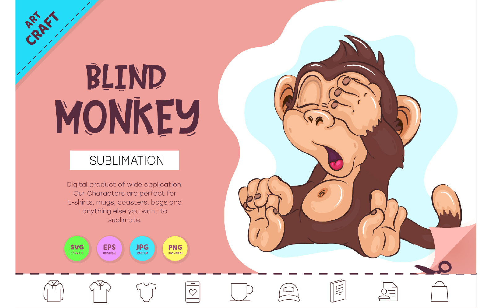 Blind Cartoon Monkey. Crafting, Sublimation.