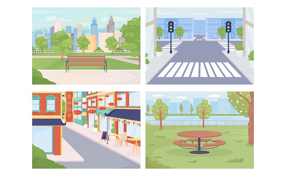 Urban areas flat color vector illustration set