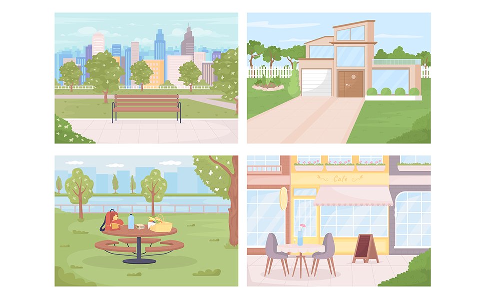 Public areas in city for relaxation vector illustration set