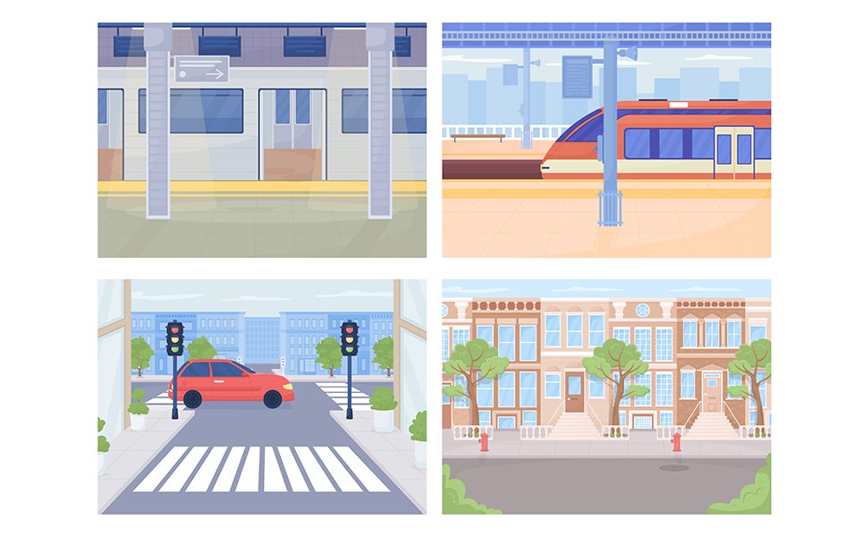 Public transportation in city vector illustration set