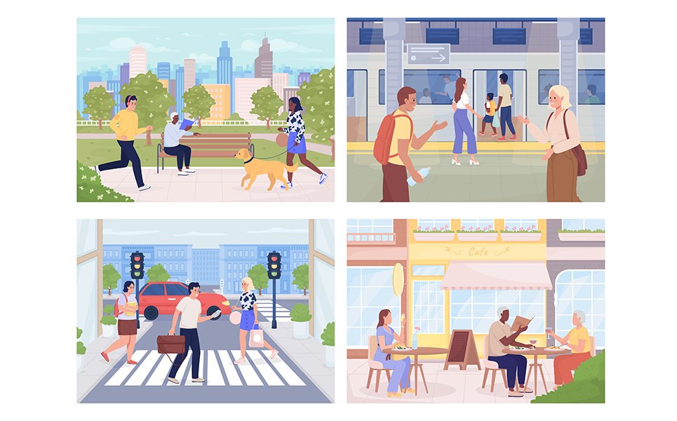 Modern urban lifestyle color vector illustration set