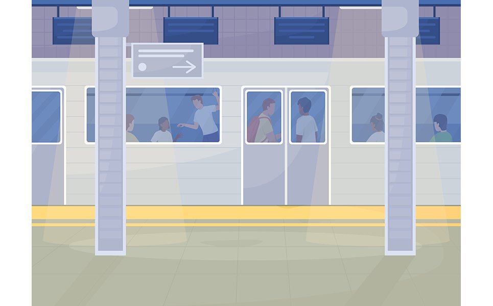 Metro station with electric train color vector illustration