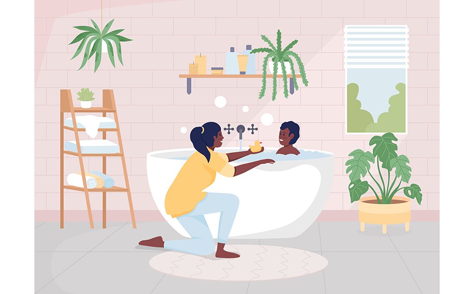 Mother bathing her son flat color vector illustration