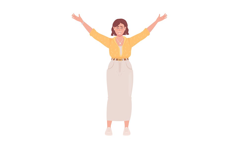 Joyful woman raising up hands flat color vector character