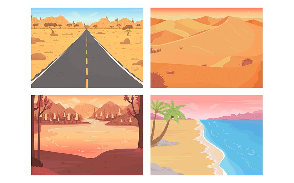 Summer landscapes color vector illustration set